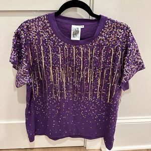 Queen of Sparkle, Medium Purple & Gold Sequin, Fringe Tee